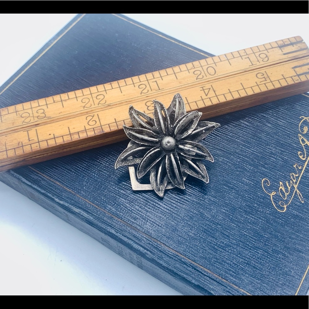 Vintage fur clip scarf clip silver leaf flower pot metal textured